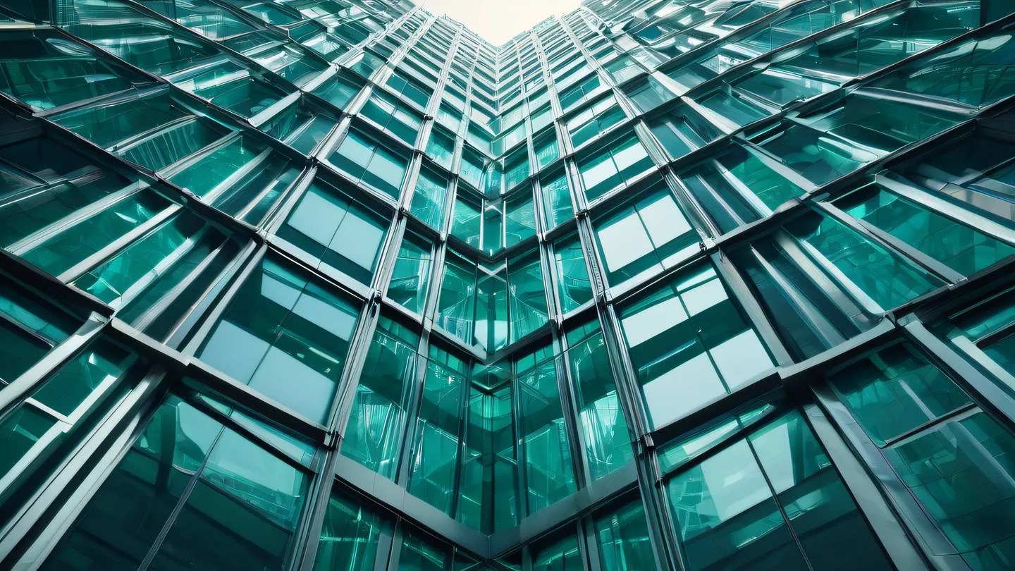 Futuristic glass building with geometric patterns reflecting sunlight emerald and navy color scheme dynamic geometric shapes intertwining with building structure ultra-realistic cinematic lighting 8K UHD high resolution sharp details low angle shot looking upward