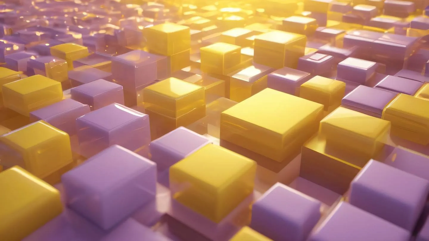 Abstract geometric patterns floating in space yellow and canary yellow gradient with subtle lilac accents crystal-like structures catching light high-quality ultra-realistic cinematic 8K UHD sharp and detailed straight-on perspective