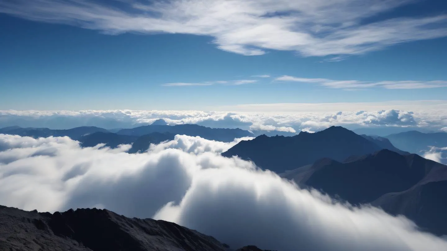 Serene mountain landscape with rolling clouds navy blue sky transitioning to off-black peaks geometric cloud formations high-quality ultra-realistic cinematic 8K UHD sharp and detailed wide panoramic shot