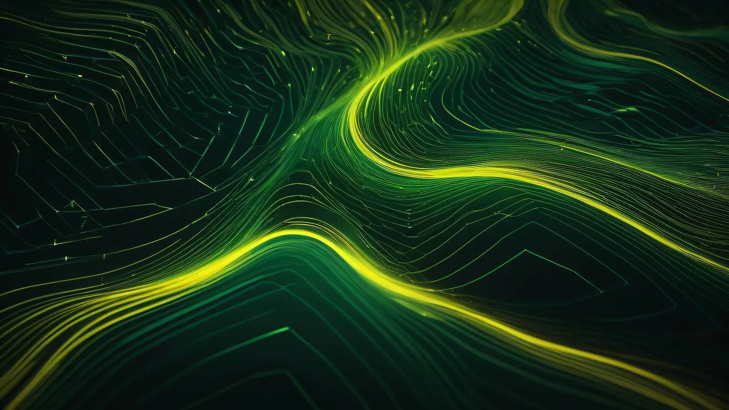 Abstract flowing data visualization emerald and yellow gradient streams of light against dark background geometric patterns merging with organic forms high-quality ultra-realistic cinematic 8K UHD sharp and detailed top-down aerial perspective