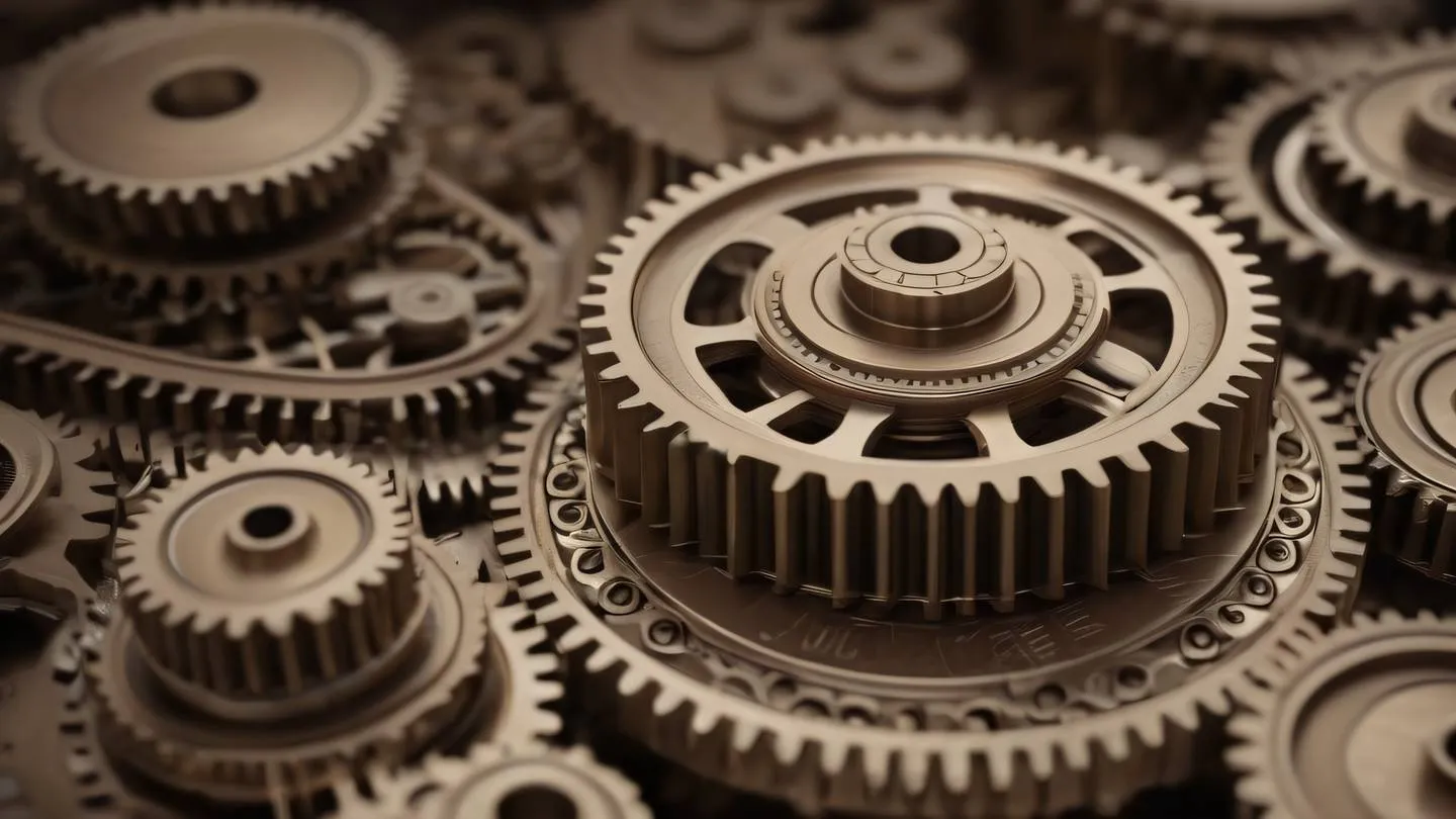 Abstract mechanical gears and cogs representing data processing clay-colored metallic surfaces with intricate patterns dramatic side angle view high-quality ultra-realistic cinematic 8K UHD high resolution sharp and detail