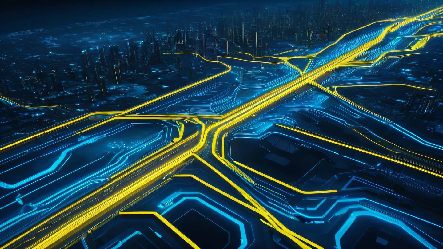 Abstract digital landscape representing secure data flow flowing lines and geometric shapes in bright neon yellow and electric blue colors aerial view high-quality ultra-realistic cinematic 8K UHD high resolution sharp and detail