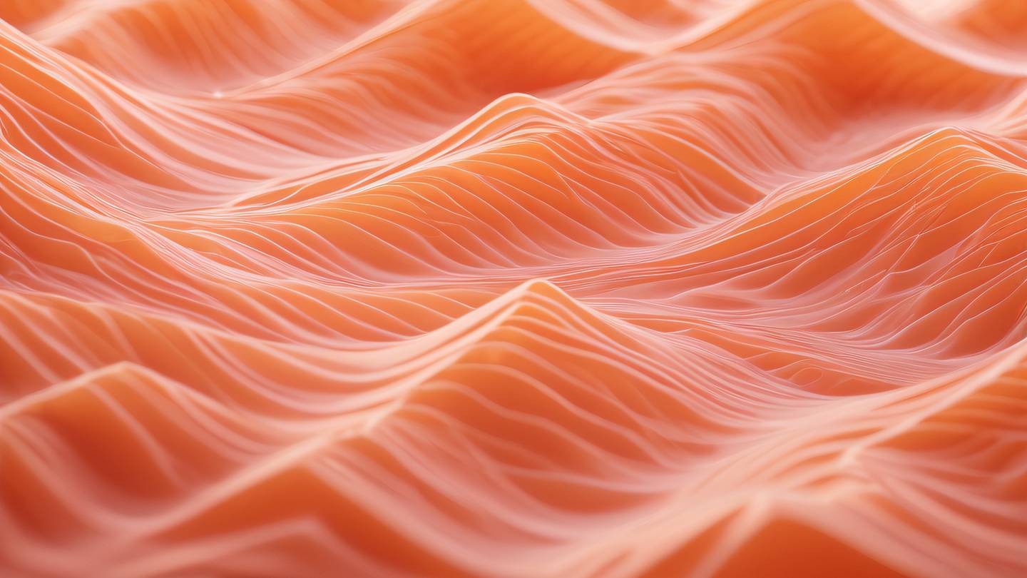 Abstract geometric shapes forming a flowing river-like pattern through crystalline structures. Dominant colors: salmon-orange and peach creating a warm gradient effect. Shot from an isometric angle high-quality ultra-realistic cinematic 8K UHD high resolution sharp and detailed