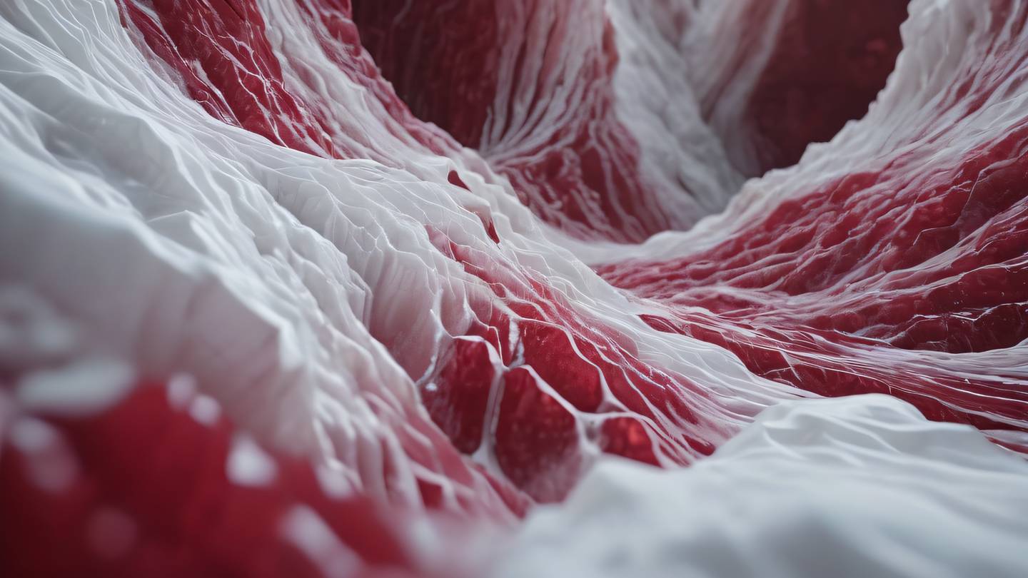 Flowing data streams represented by crystalline formations in a natural setting. Dominant colors: white and ruby red with subtle gradients. Shot from a low angle perspective high-quality ultra-realistic cinematic 8K UHD high resolution sharp and detailed