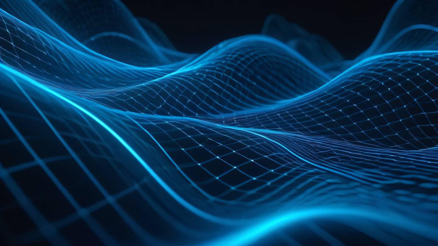 Abstract geometric patterns representing flowing data and validation rules with interlocking shapes and smooth transitions. Dominant colors: neon blue and baby blue creating an ethereal effect. Shot from a sweeping side angle high-quality ultra-realistic cinematic 8K UHD high resolution sharp and detailed