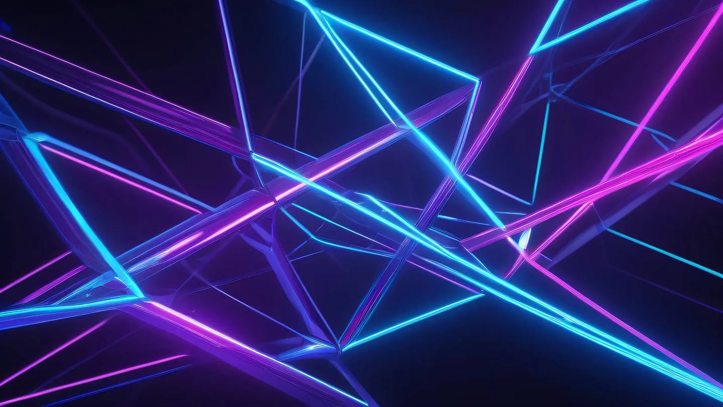 Abstract digital art of intertwining geometric shapes in bright neon blues and purples representing interconnected hooks and reusable components with flowing energy streams connecting various elements high-quality ultra-realistic cinematic 8K UHD high resolution sharp and detail