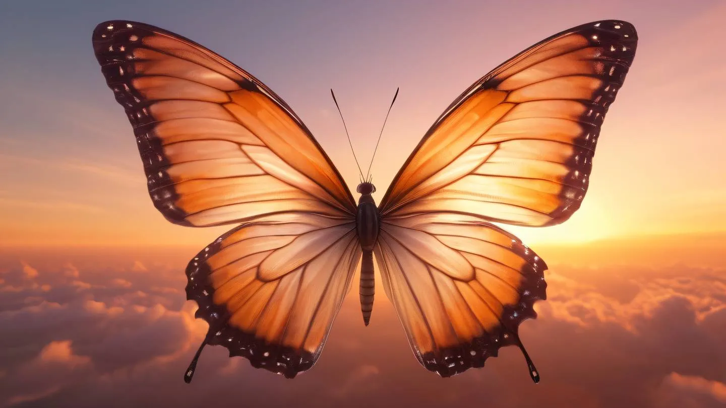 Ethereal digital painting of a butterfly with translucent wings made of code-like patterns floating in a warm sunset sky with soft orange and rose gold colors high-quality ultra-realistic cinematic 8K UHD high resolution sharp and detail