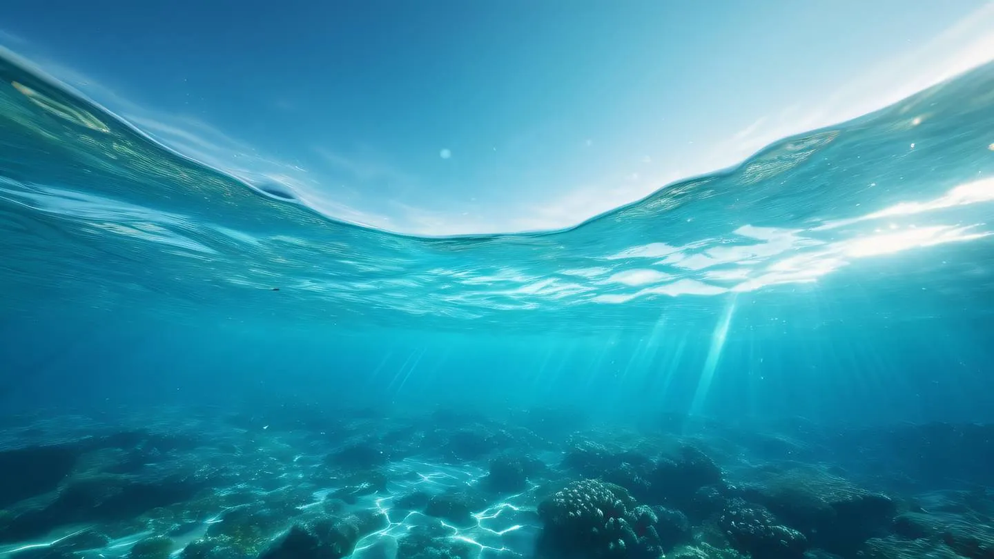 Dreamy underwater scene with glowing interconnected geometric patterns in bright sky blue and turquoise colors floating in a clear ocean environment with streams of light passing through high-quality ultra-realistic cinematic 8K UHD high resolution sharp and detail