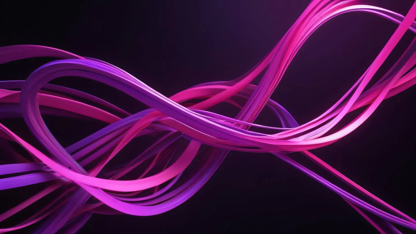 Abstract 3D render of flowing interconnected ribbons in bright neon pink and purple colors creating a complex network pattern against a dark background representing the flow of data and logic high-quality ultra-realistic cinematic 8K UHD high resolution sharp and detail