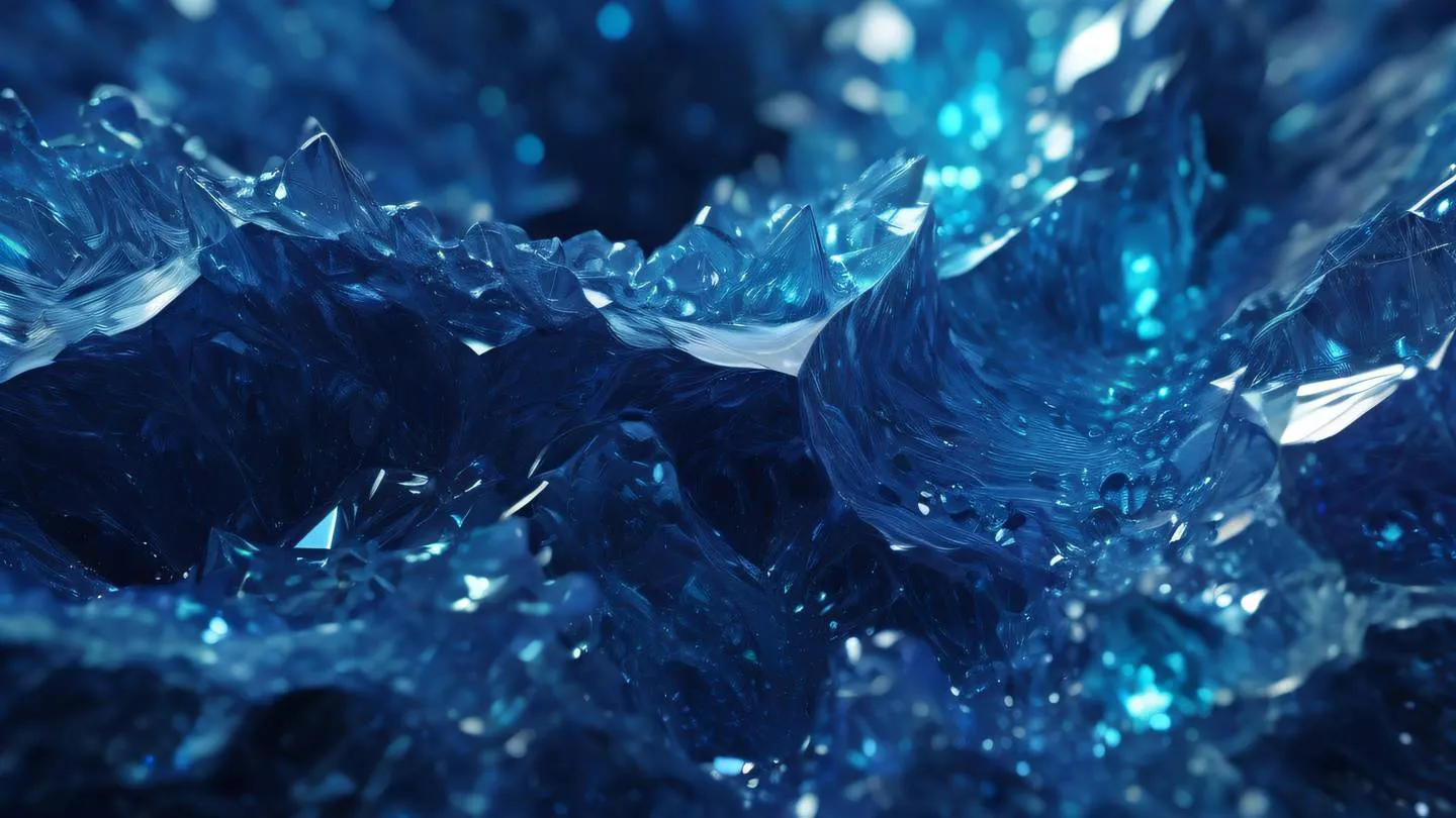 Flowing abstract patterns with gem-like crystalline structures in bright indigo and sapphire blues with hints of violet and turquoise high-quality ultra-realistic cinematic 8K UHD high resolution sharp and detail