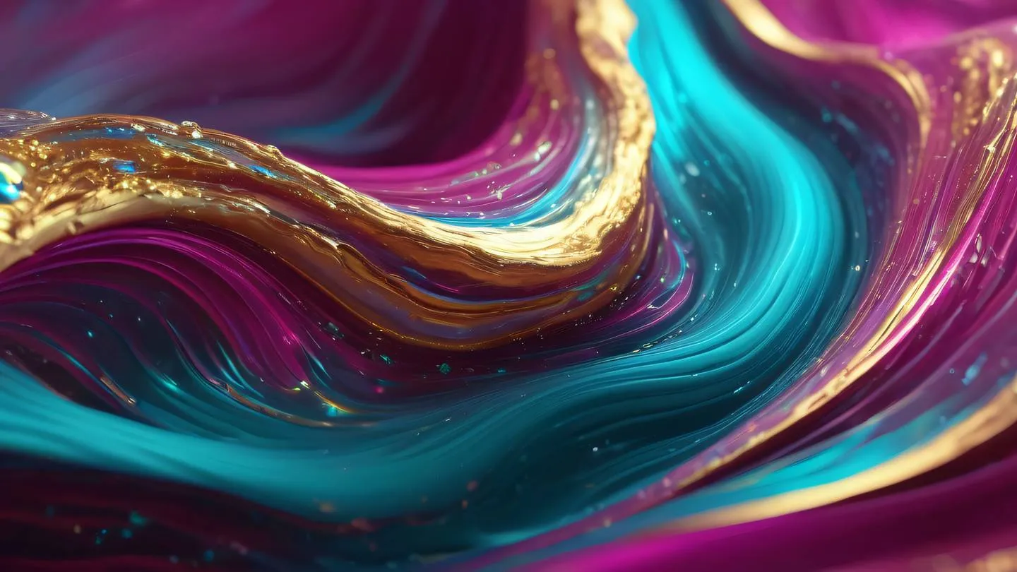 Abstract flowing patterns with bright gem-like colors featuring crystalline structures in turquoise magenta and gold creating a luxurious and ethereal atmosphere high-quality ultra-realistic cinematic 8K UHD high resolution sharp and detail