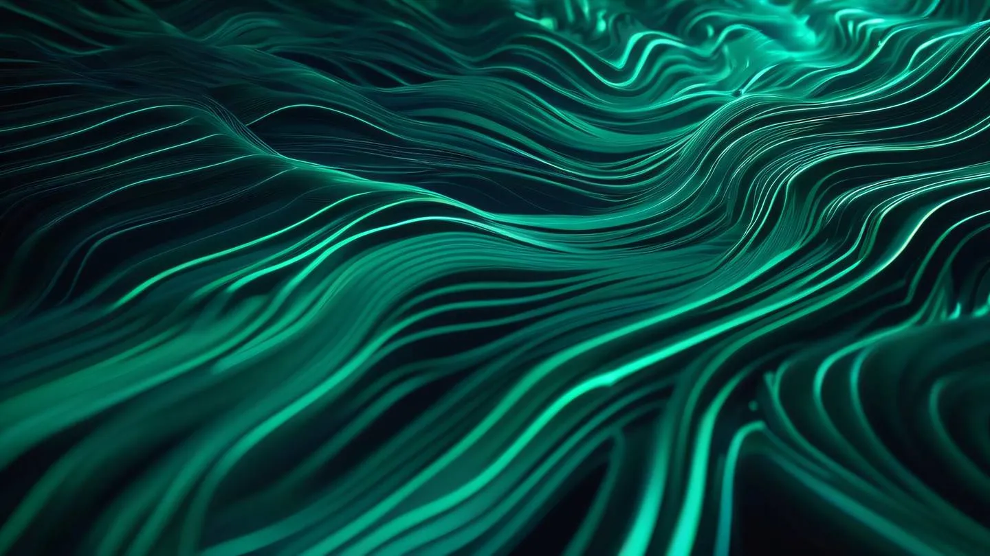 Abstract 3D render of interweaving streams of light in emerald and navy blue representing concurrent processing flows with geometric patterns suggesting computational harmony floating in a dark space high-quality ultra-realistic cinematic 8K UHD high resolution sharp and detail