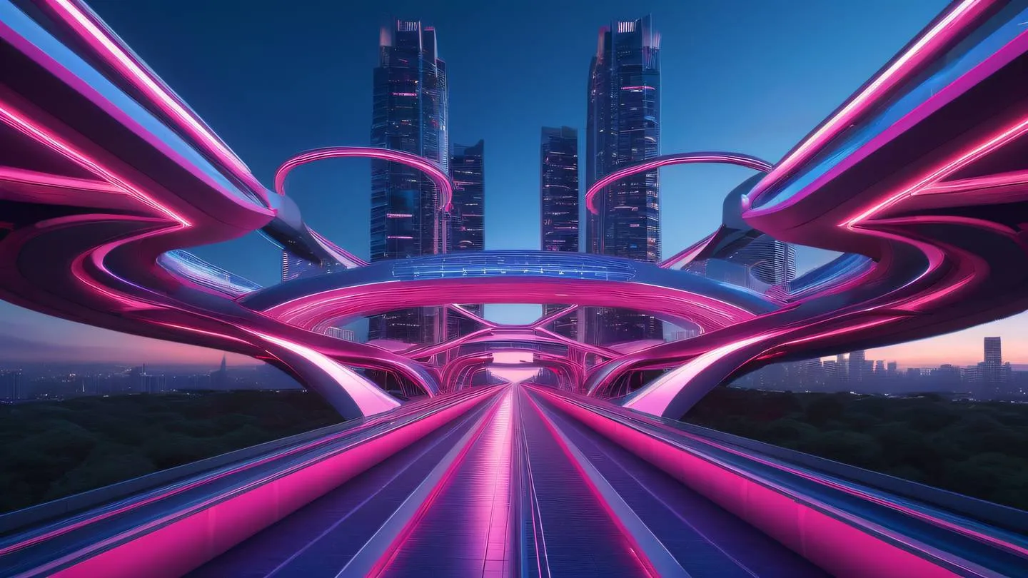 Modern futuristic architecture with multiple interconnected pathways in bright pink and indigo colors viewed from below against a twilight sky representing parallel processing paths high-quality ultra-realistic cinematic 8K UHD high resolution sharp and detail