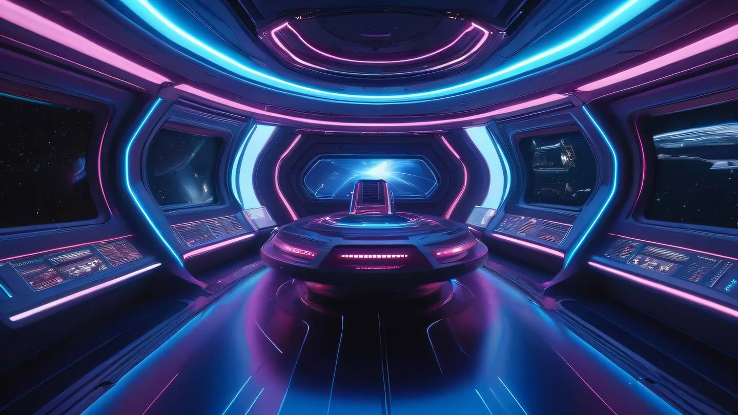 Futuristic spacecraft interior with smooth curves and flowing lines in pink and indigo colors featuring multiple holographic-like projections floating in space representing multiple processing threads working in harmony high-quality ultra-realistic cinematic 8K UHD high resolution sharp and detail