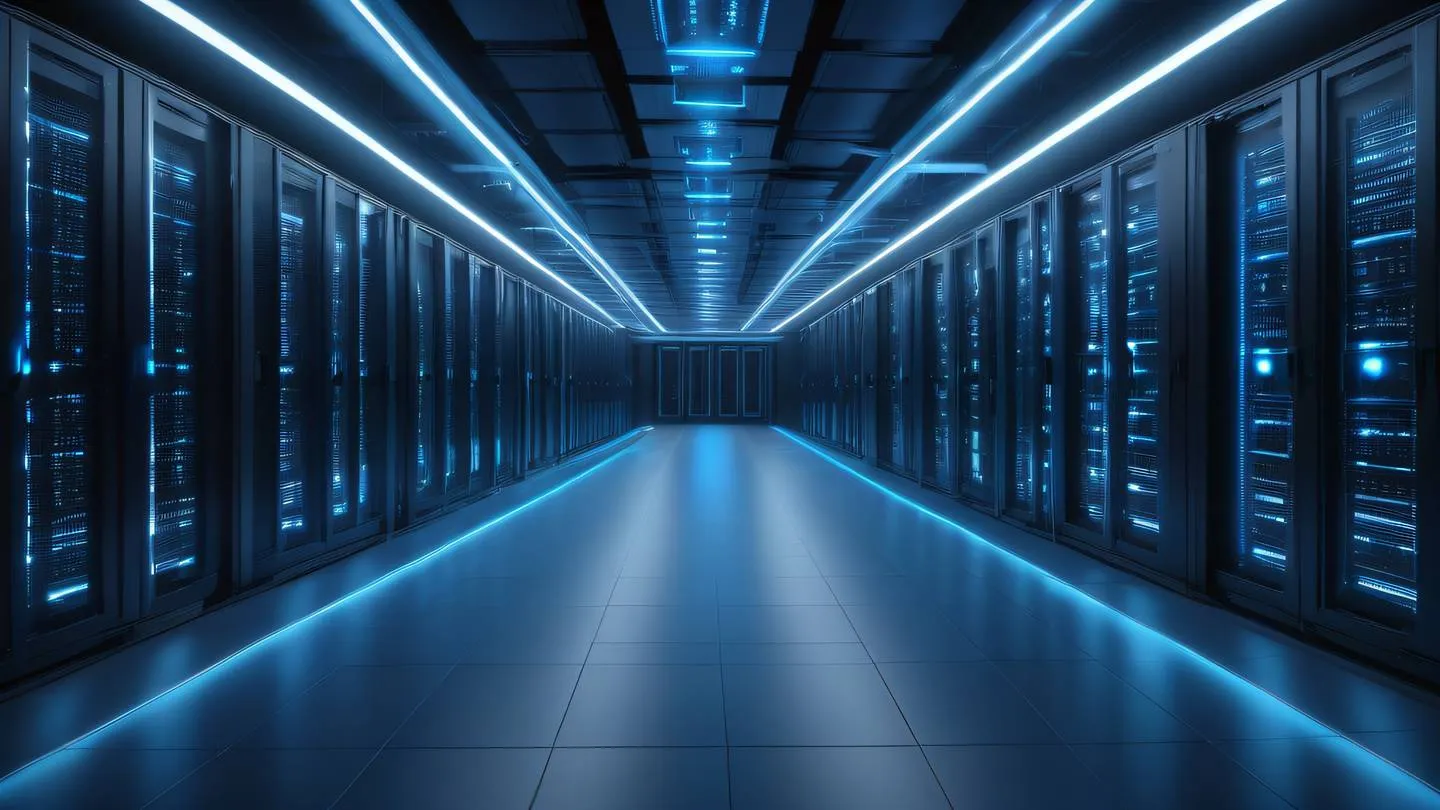 A futuristic data center with flowing streams of light representing data transfer between servers and clients rendered in bright neon blues and silvers against a dark background abstract 3D visualization high-quality ultra-realistic cinematic 8K UHD high resolution sharp and detail