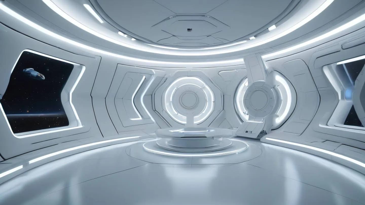 Modern minimalist space station interior with curved walls and floating geometric shapes rendered in bright neutral tones with accent lighting representing the future of web architecture high-quality ultra-realistic cinematic 8K UHD high resolution sharp and detail