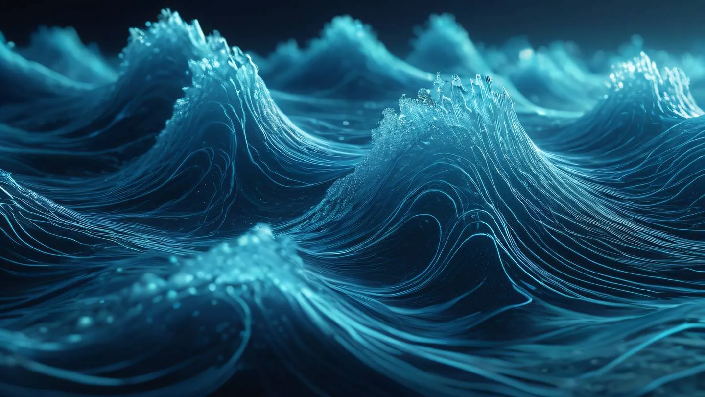 Ocean waves forming into digital networks and server structures rendered in bright neon blues and silvers abstract representation of data flow and processing power high-quality ultra-realistic cinematic 8K UHD high resolution sharp and detail