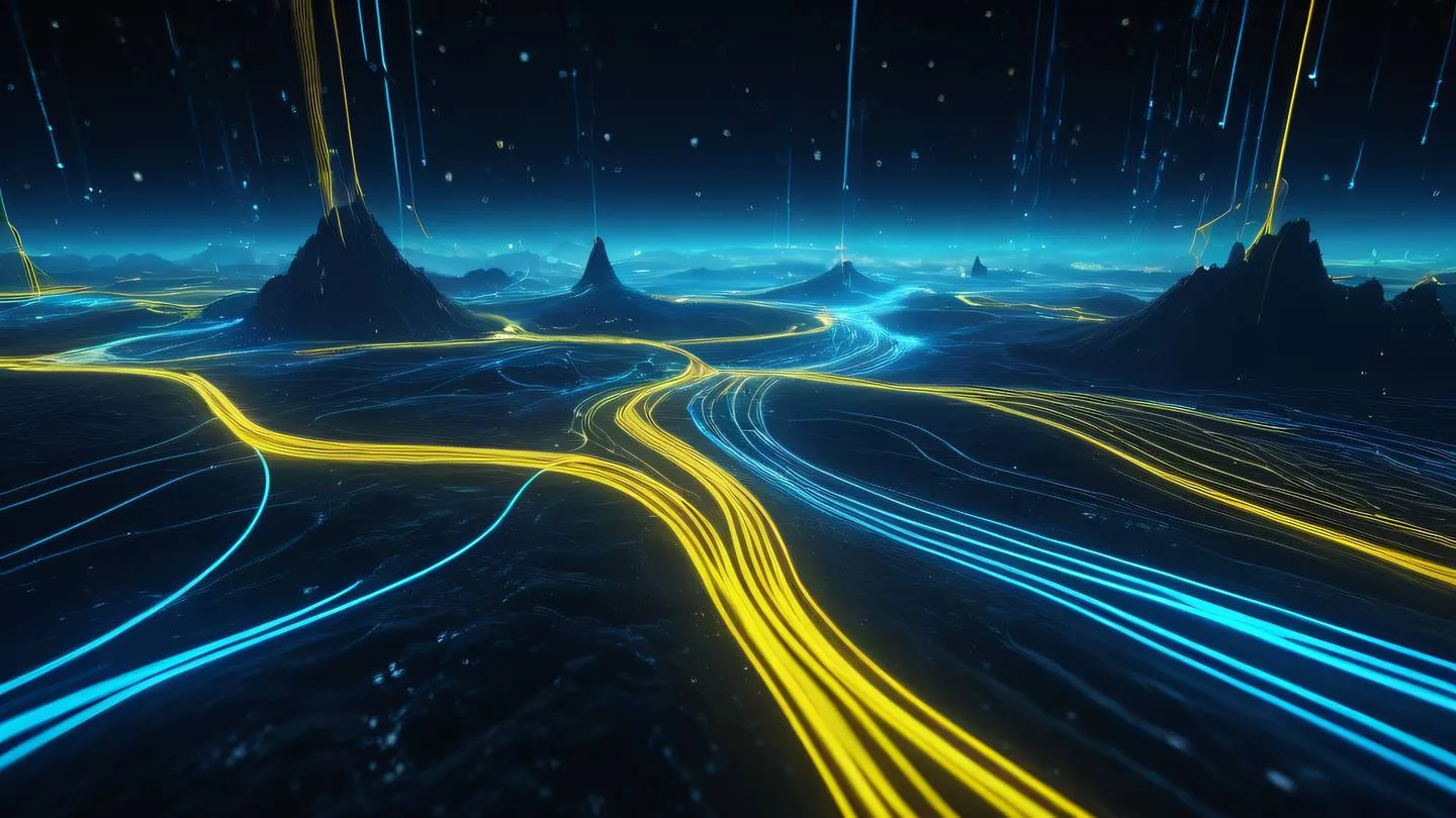 Abstract digital landscape with flowing data streams and interconnected nodes featuring bright neon blue and electric yellow streams against a deep space background high-quality ultra-realistic cinematic 8K UHD high resolution sharp and detail