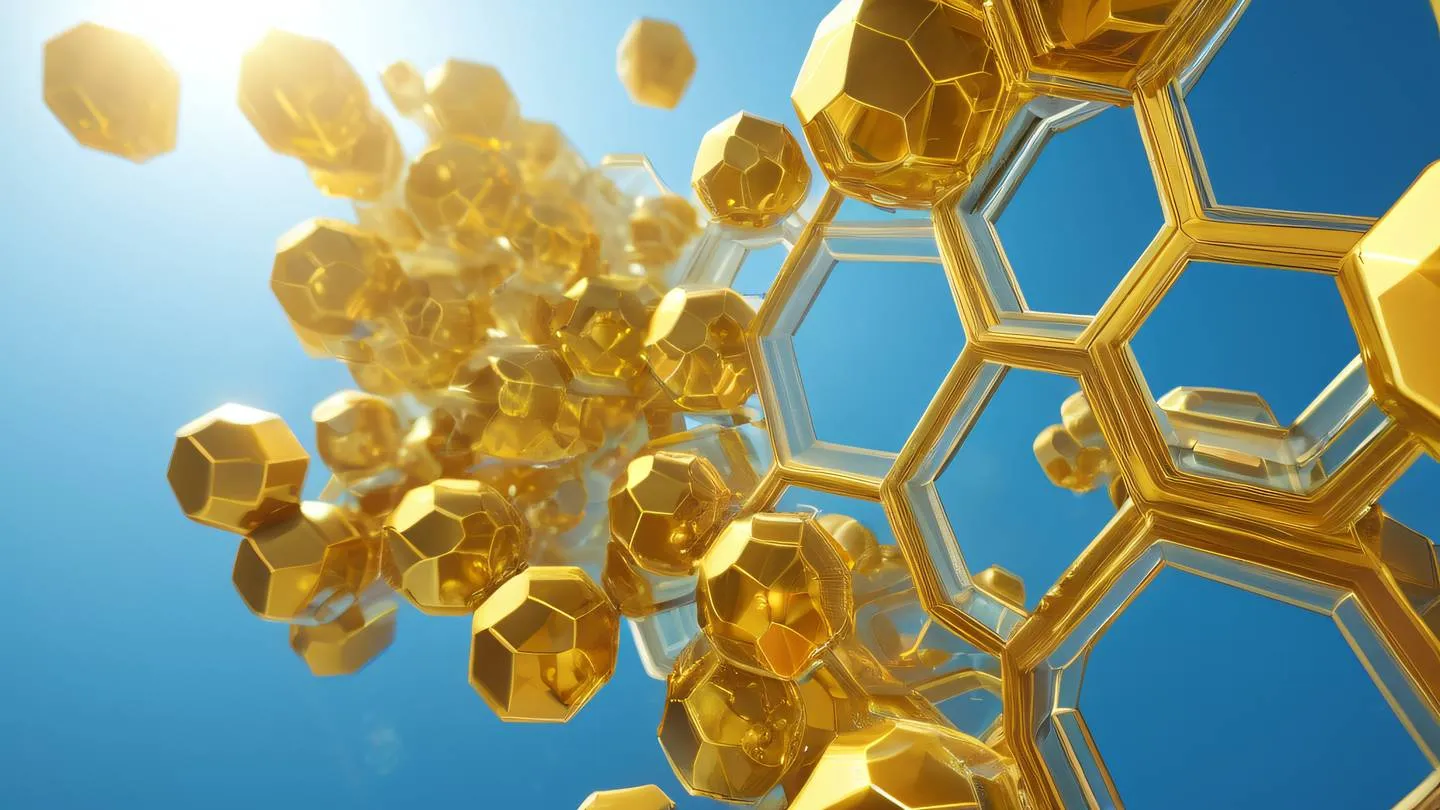 Geometric abstract composition with interconnected hexagons in bright sky blue and golden yellow floating in a crystalline space high-quality ultra-realistic cinematic 8K UHD high resolution sharp and detail