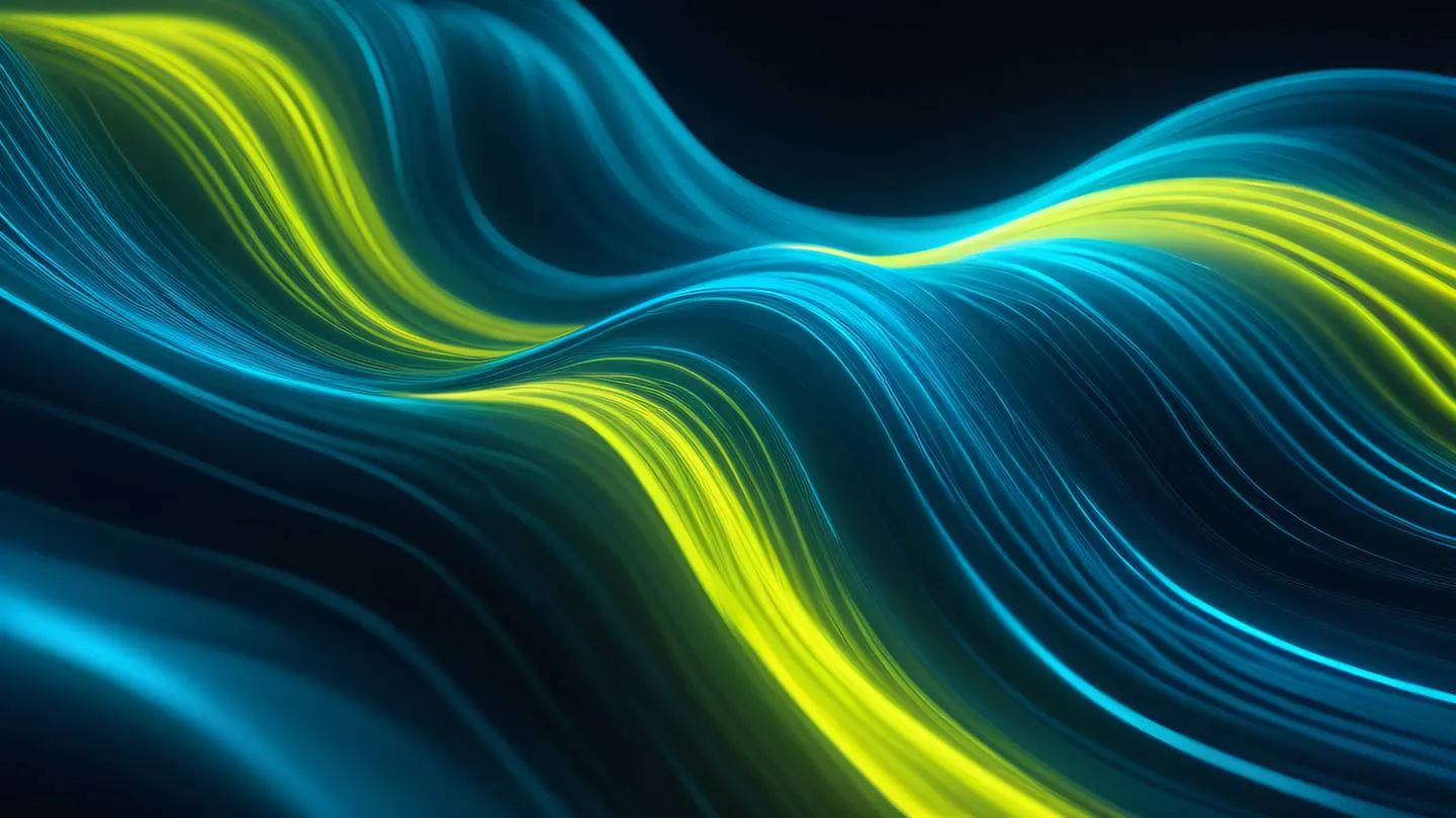 Dynamic flowing waves of energy in bright cyan and neon yellow creating an abstract pattern against a deep blue cosmic background high-quality ultra-realistic cinematic 8K UHD high resolution sharp and detail