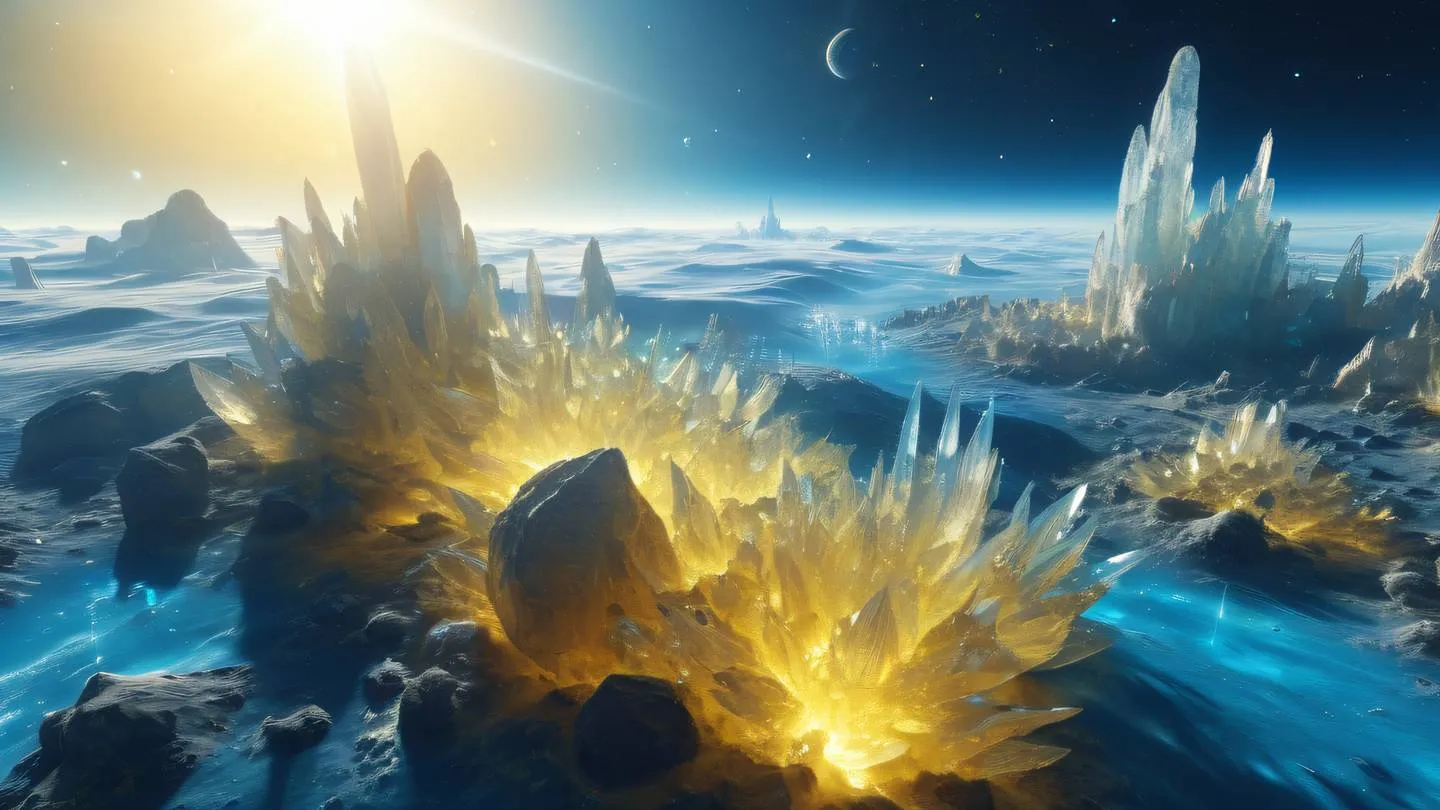 Serene cosmic landscape with floating crystal formations in bright sky blue and sunny yellow creating a harmonious pattern in space high-quality ultra-realistic cinematic 8K UHD high resolution sharp and detail