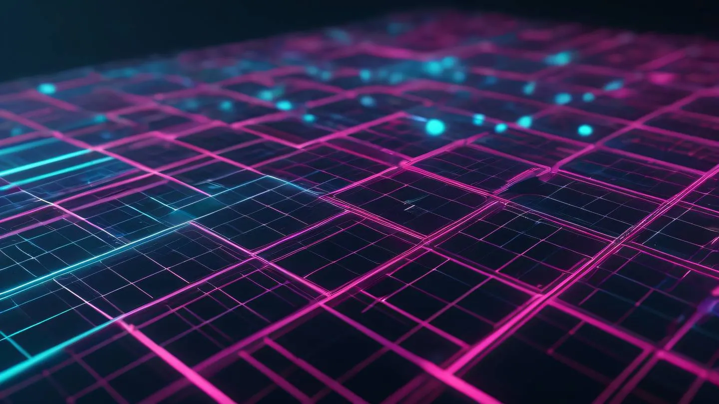 Abstract tech grid system visualization with floating geometric shapes and lines iridescent color palette with bright cyan magenta and gold accents ultra-realistic cinematic 8K high resolution sharp and detailed