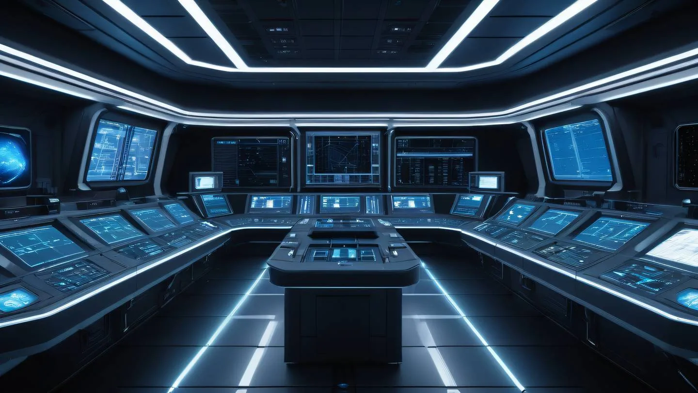 Abstract space station control room layout grid minimal color scheme with bright neon blue and white accents against deep space background high-quality ultra-realistic cinematic 8K UHD