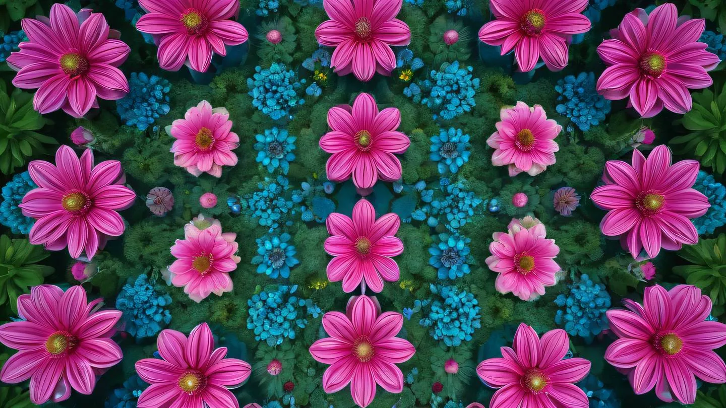 Aerial view of geometric garden patterns with vibrant pink and neon blue flowerbeds creating symmetrical designs high-quality ultra-realistic cinematic 8K UHD high resolution sharp and detail