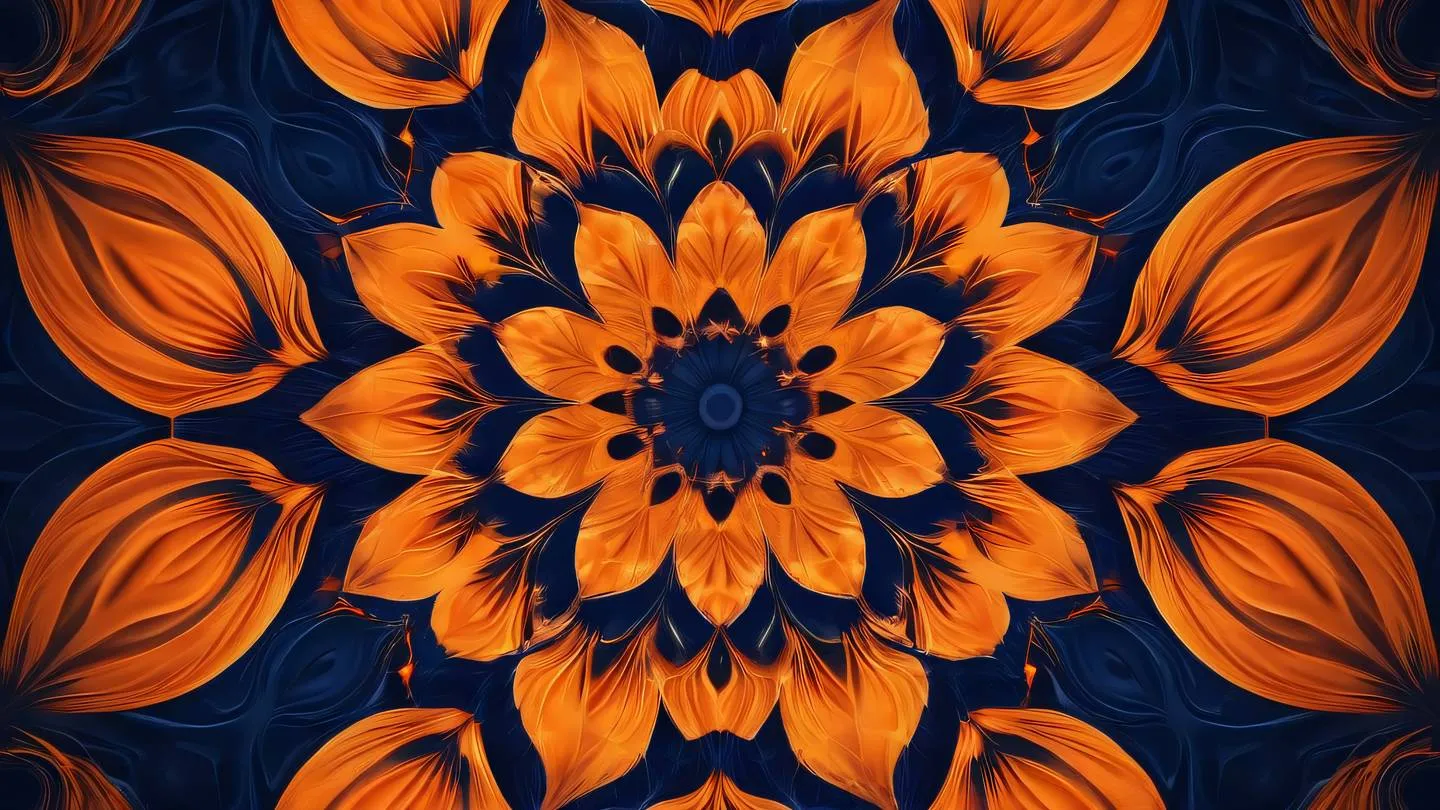 Kaleidoscopic texture pattern with swirling orange and navy gradients forming a mesmerizing abstract design high-quality ultra-realistic cinematic 8K UHD high resolution sharp and detail