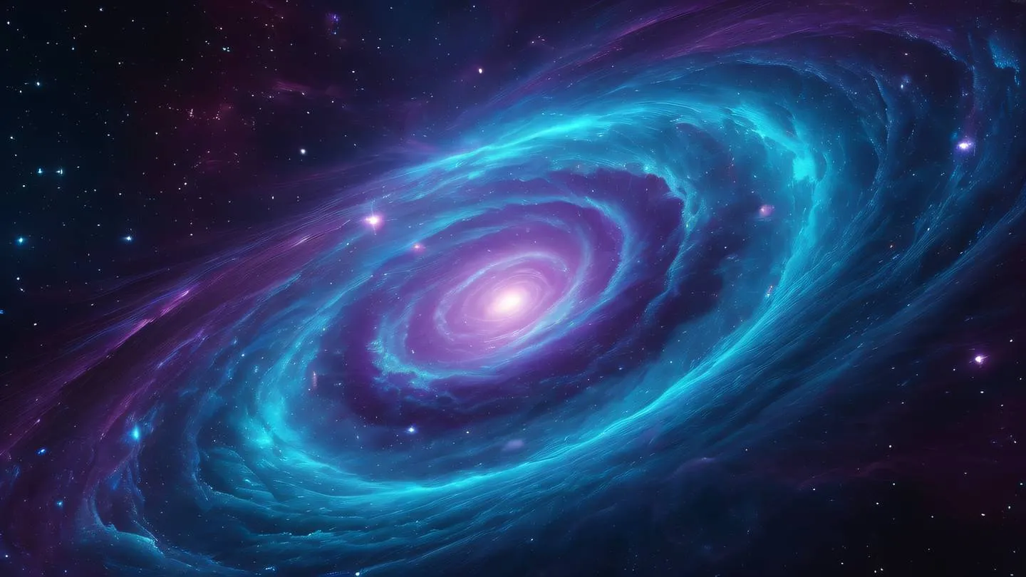 Abstract digital art featuring a dynamic composition with swirling patterns of deep purples electric blues and bright cyan creating a cosmic nebula effect ultra-realistic cinematic 8K UHD high resolution sharp and detailed