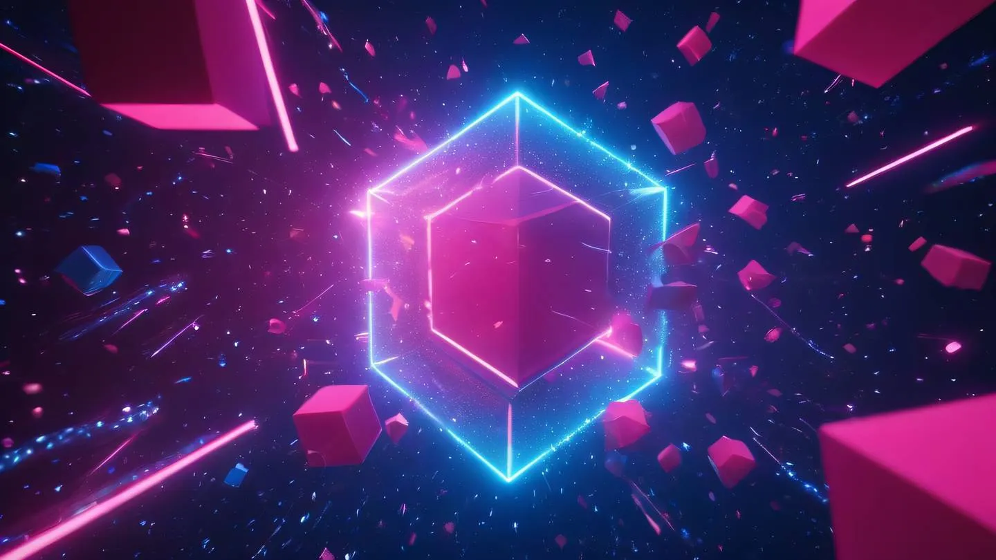 3D rendered geometric shapes floating in space with neon pink and electric blue gradients surrounded by particles and light trails high-quality ultra-realistic cinematic 8K UHD high resolution sharp and detailed