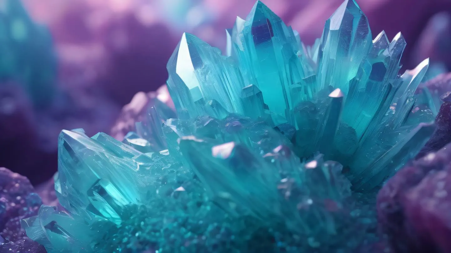 Cool-toned crystalline formations with translucent surfaces reflecting rainbow light geometric patterns in turquoise and violet hues high-quality ultra-realistic cinematic 8K UHD high resolution sharp and detailed