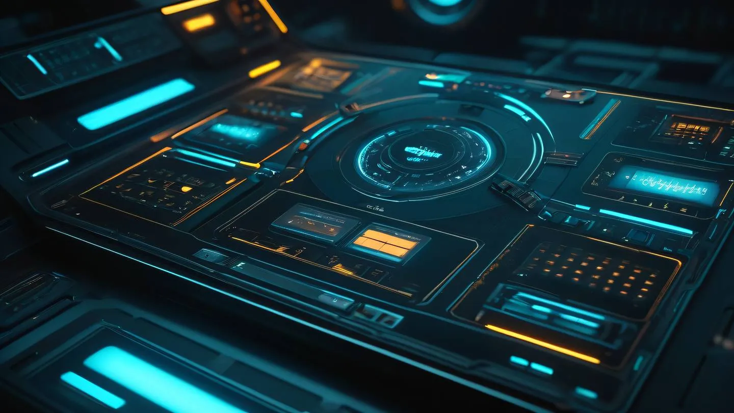 A futuristic abstract spacecraft control panel interface with glowing cyan and amber elements floating in deep space geometric patterns high-quality ultra-realistic cinematic 8K UHD high resolution sharp and detail