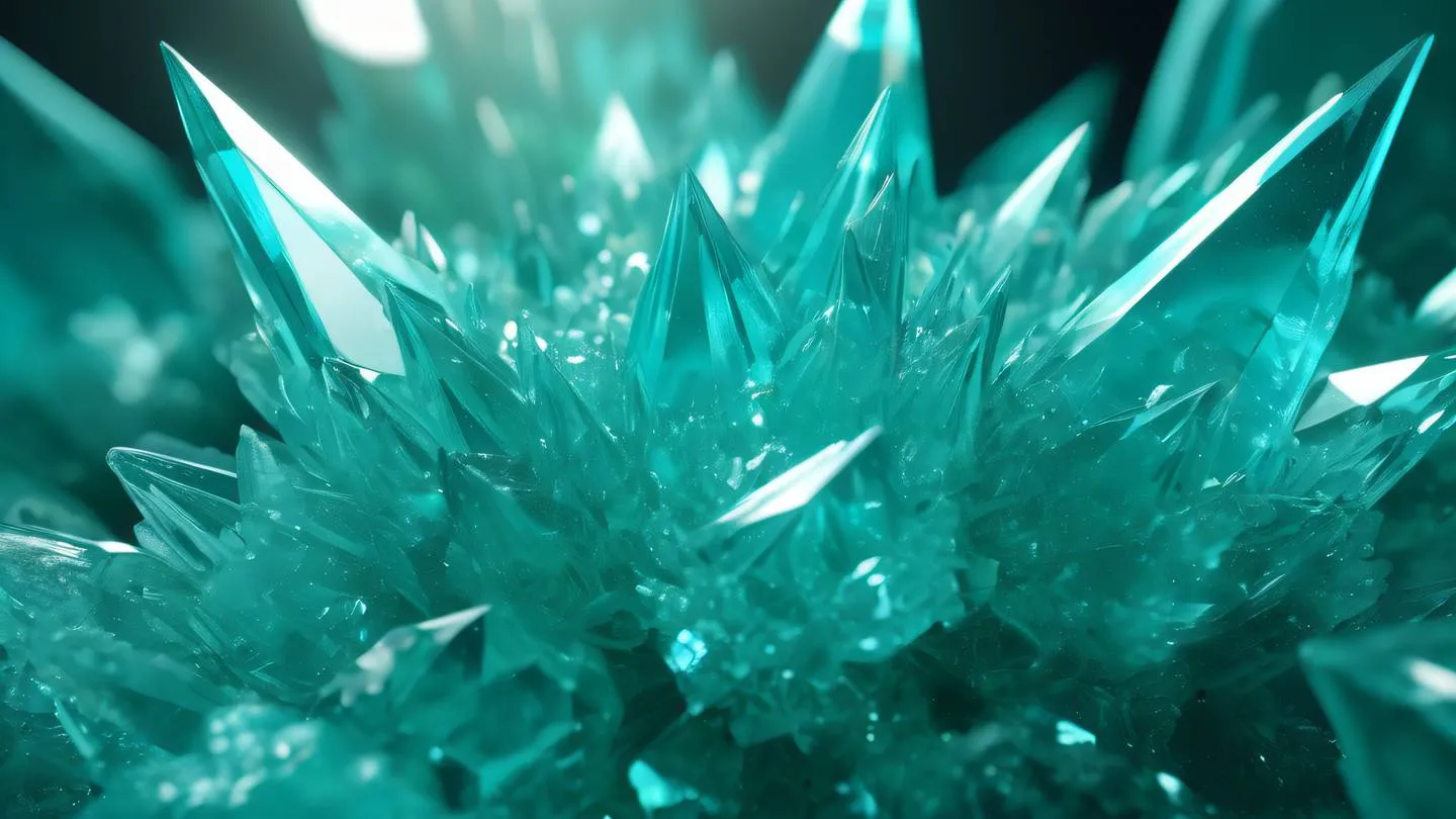 Abstract crystal formations in bright cyan and green colors growing in geometric patterns with light refractions high-quality ultra-realistic cinematic 8K UHD high resolution sharp and detail