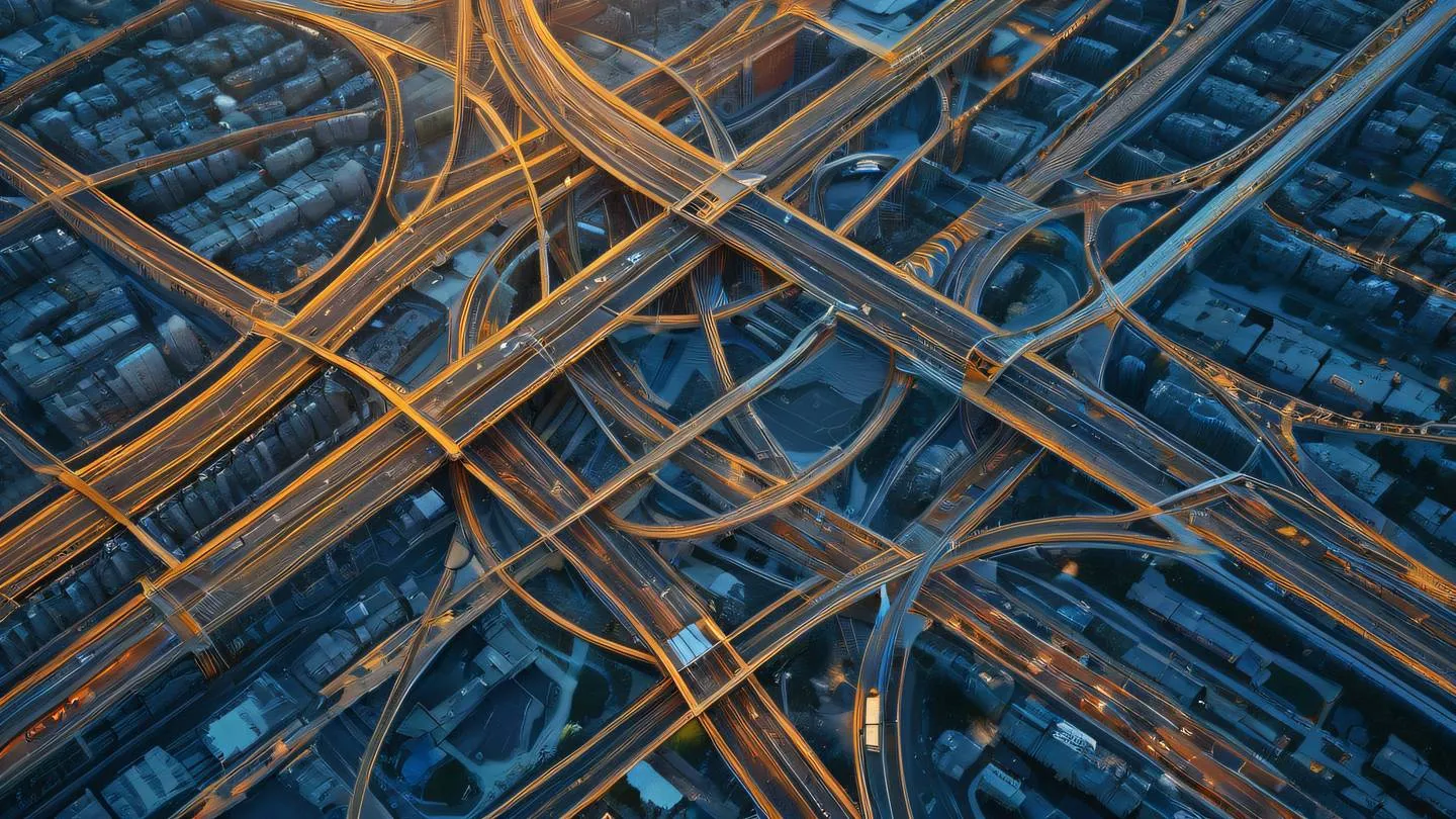 Aerial view of a geometric pattern landscape with interconnected paths in bright blue and amber colors abstract architectural forms high-quality ultra-realistic cinematic 8K UHD high resolution sharp and detail