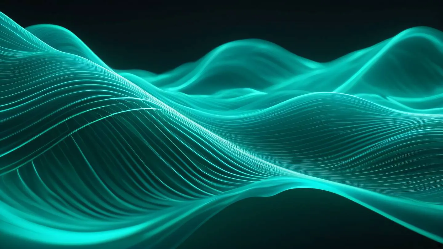 Abstract flowing energy waves in bright cyan and green colors with geometric crystalline structures dynamic motion trails high-quality ultra-realistic cinematic 8K UHD high resolution sharp and detail