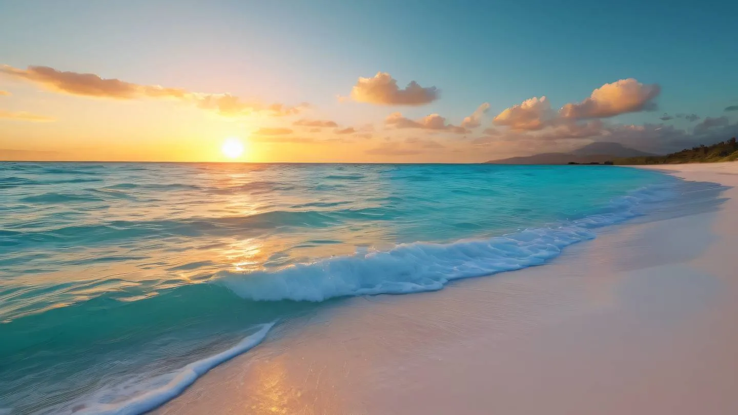 Gentle waves rolling onto a pristine white sandy beach with vivid turquoise water and bright amber sunset reflections high-quality ultra-realistic cinematic 8K UHD high resolution sharp and detail