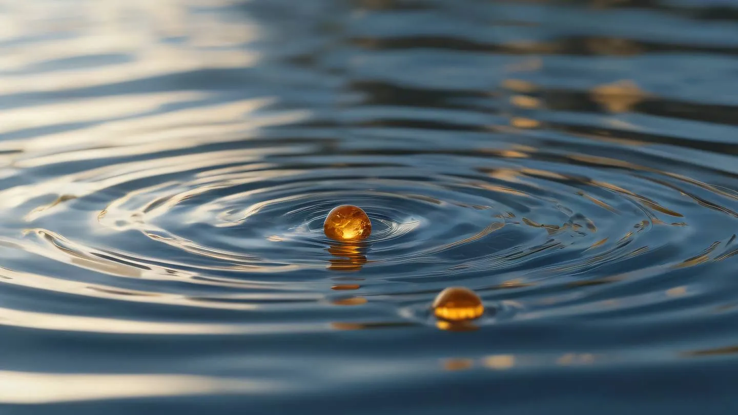 Smooth ripples on crystal clear water surface with vivid amber and white light reflections creating a serene pattern high-quality ultra-realistic cinematic 8K UHD high resolution sharp and detail