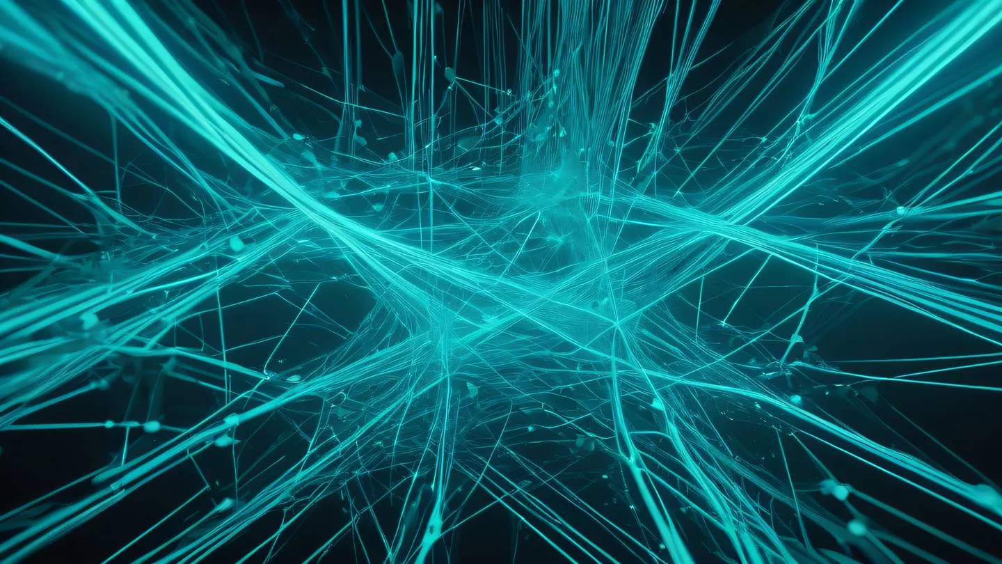 A modern abstract composition representing data flow and connectivity featuring flowing geometric shapes and interconnected nodes in bright cyan electric blue and seafoam green colors shot from a 45-degree elevated perspective high-quality ultra-realistic cinematic 8K UHD high resolution sharp and detail