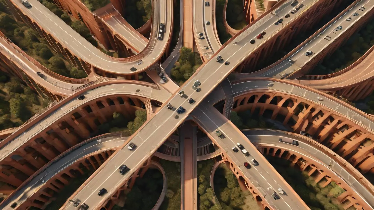 An abstract architectural structure with interconnecting pathways and bridges featuring warm terracotta olive green and earth tones captured from a bird's eye view perspective high-quality ultra-realistic cinematic 8K UHD high resolution sharp and detail