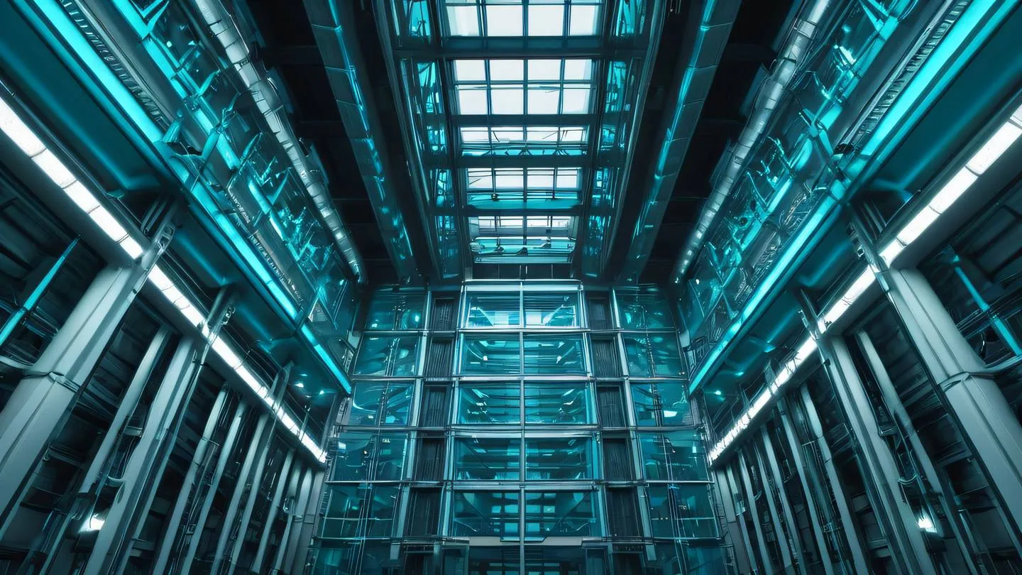 An abstract industrial interior with geometric patterns and clean lines featuring cool steel blues bright turquoise and metallic silver accents captured from a low angle perspective looking up high-quality ultra-realistic cinematic 8K UHD high resolution sharp and detail