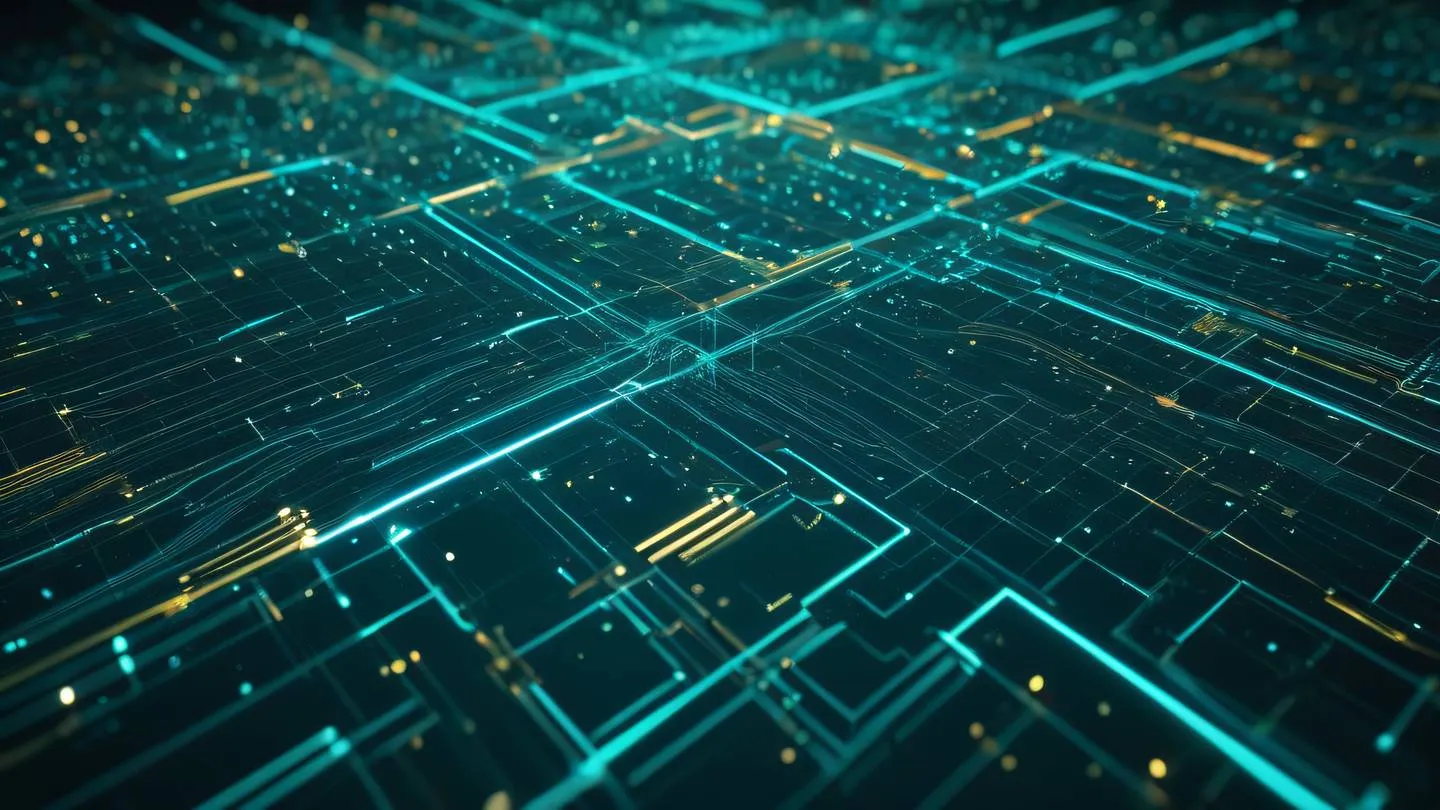 Abstract flowing data visualization with geometric patterns and nodes connecting in holographic colors (cyan teal gold) captured from top-down perspective high-quality ultra-realistic cinematic 8K UHD high resolution sharp and detail