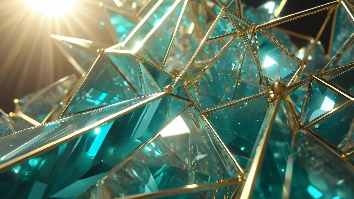 Ethereal light rays piercing through geometric crystal structures in iridescent colors (gold turquoise white) shot from a low angle perspective high-quality ultra-realistic cinematic 8K UHD high resolution sharp and detail