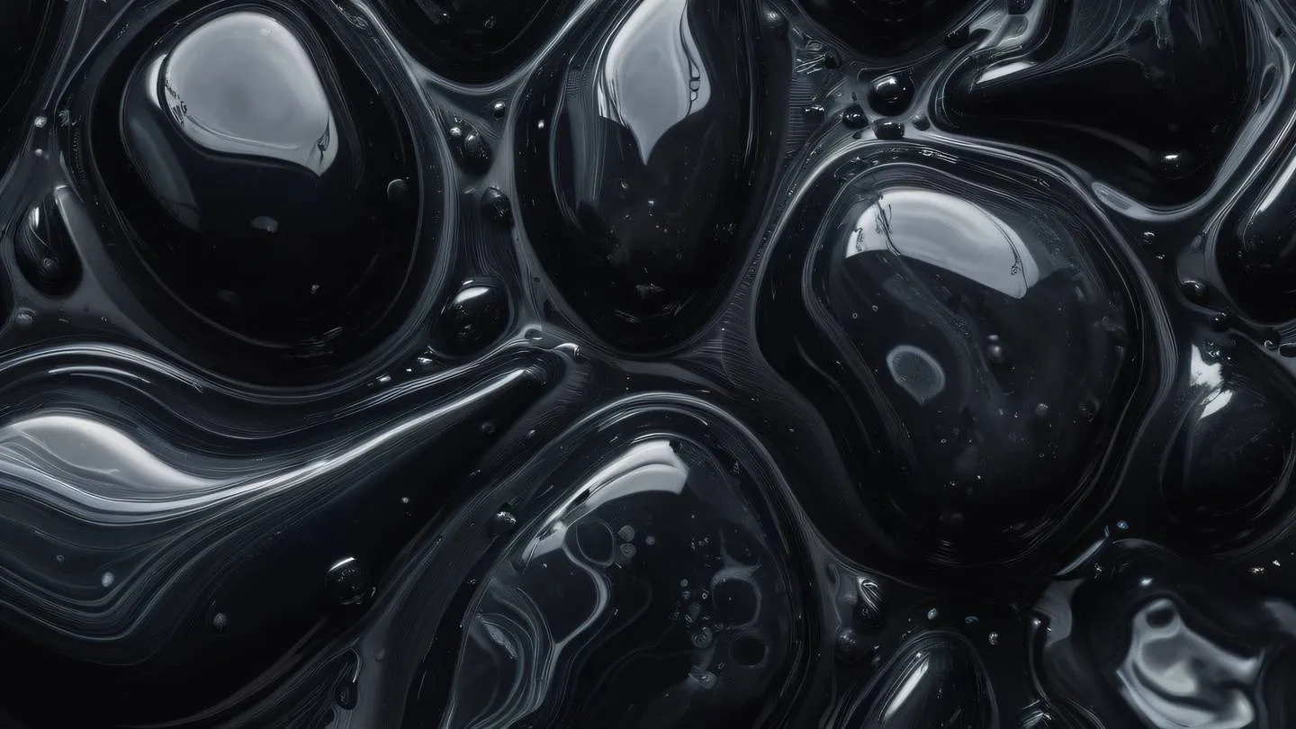 Abstract macro photography of oil and water mixing creating organic patterns in black colors (obsidian charcoal silver) shot from directly above high-quality ultra-realistic cinematic 8K UHD high resolution sharp and detail