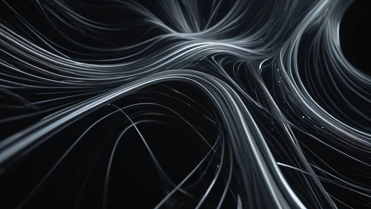 Abstract flowing data visualization with silver metallic streams against black background low angle shot showing interconnected network patterns high-quality ultra-realistic cinematic 8K UHD high resolution sharp and detail