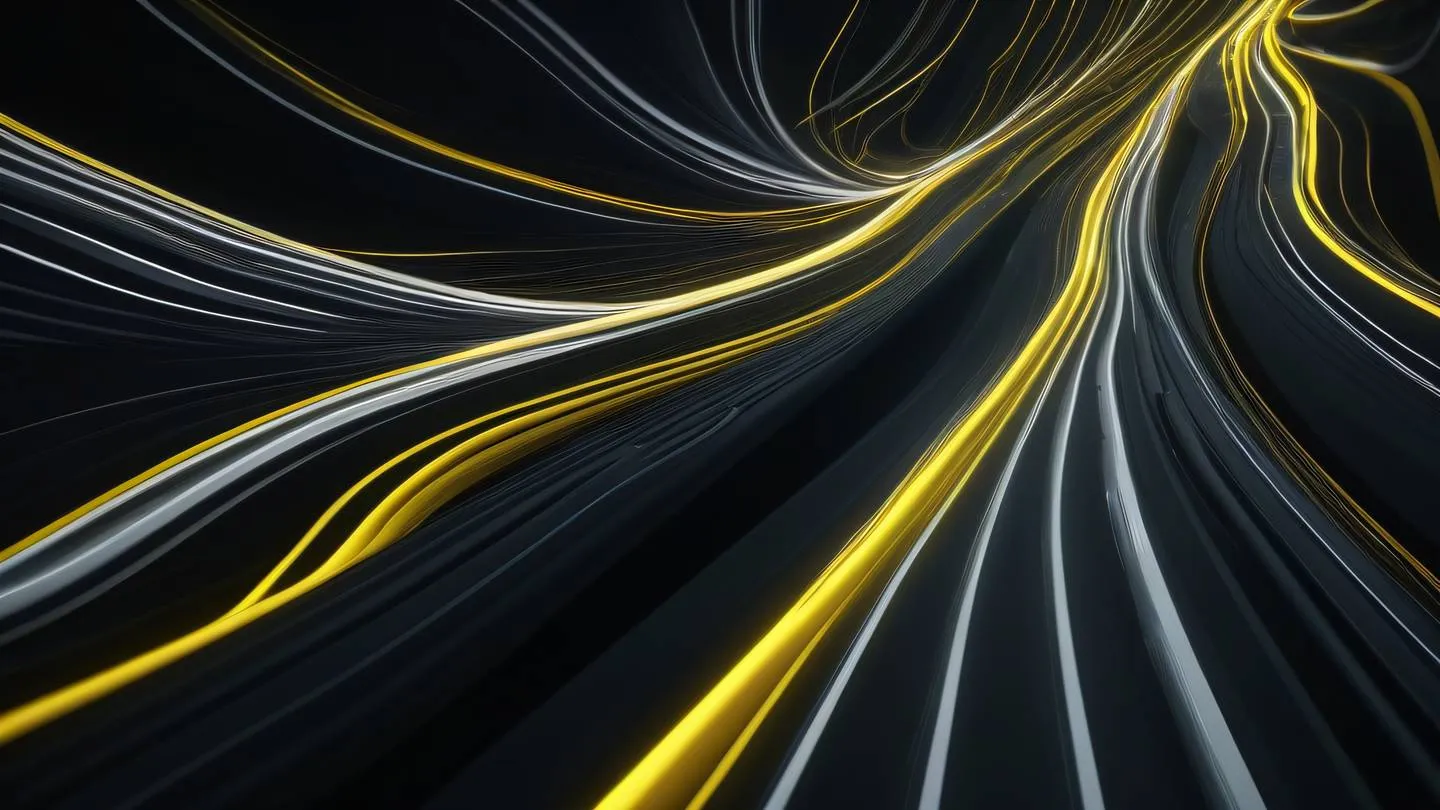 Dynamic flowing patterns resembling data streams in bright yellow and white colors against dark background dutch angle shot showing abstract movement and direction high-quality ultra-realistic cinematic 8K UHD high resolution sharp and detail