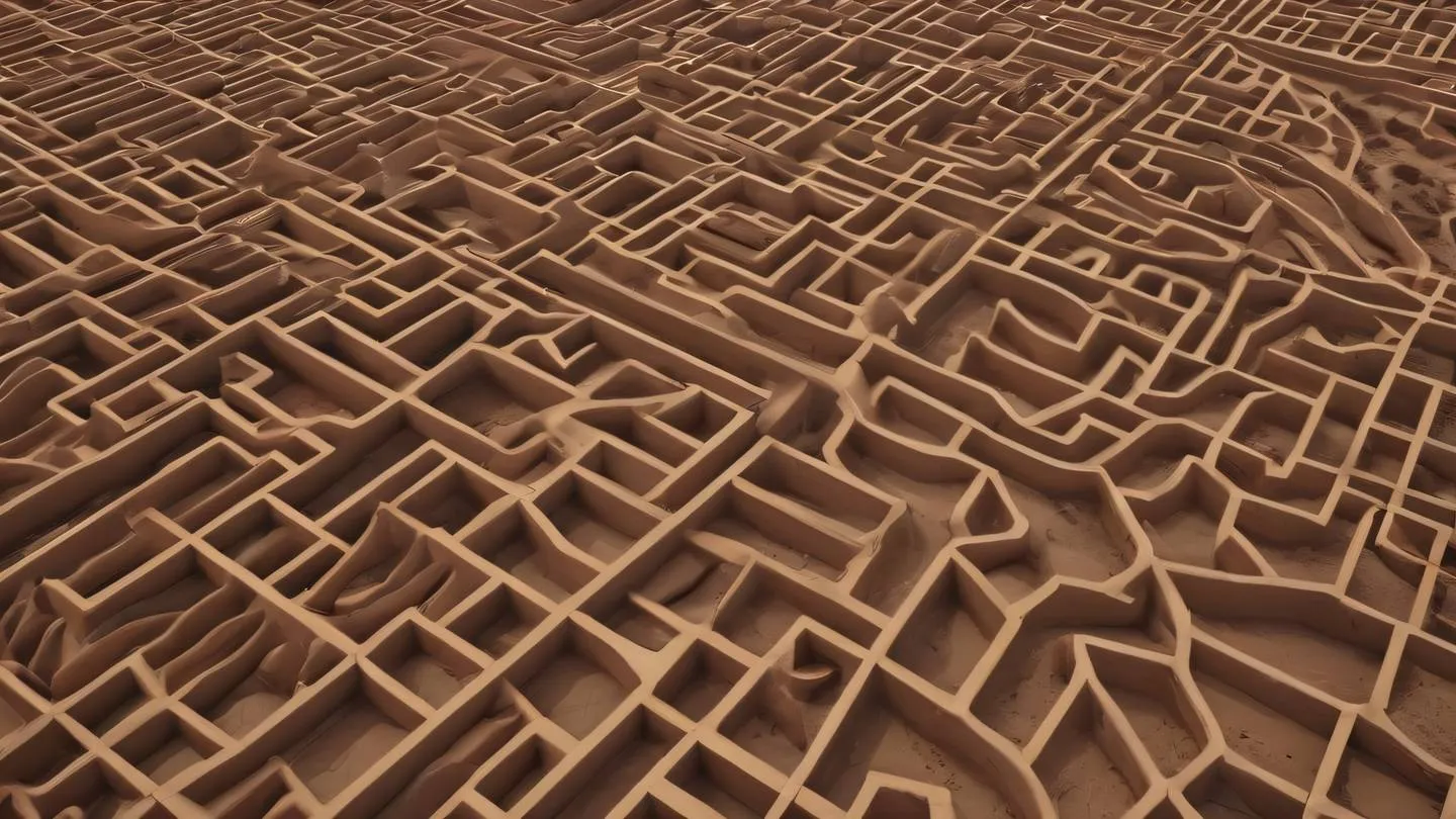 Abstract geometric shapes forming a continuous flow pattern in clay and earth tones bird's eye view representing data organization and structure high-quality ultra-realistic cinematic 8K UHD high resolution sharp and detail