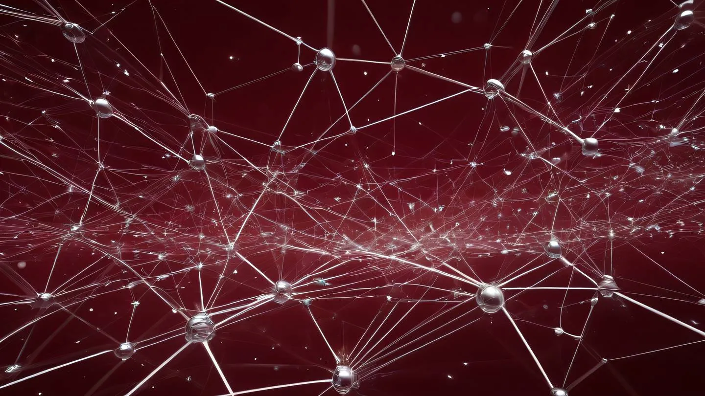 A futuristic abstract network visualization with interconnected nodes floating in space featuring flowing silver and white light streams against a deep red background sharp geometric patterns suggesting data flow captured from a top-down perspective high-quality ultra-realistic cinematic 8K UHD high resolution sharp and detail