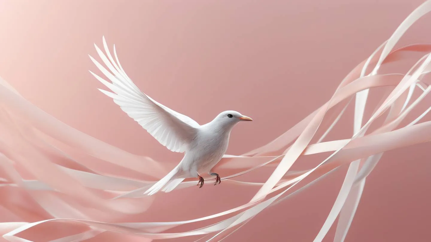 An elegant bird soaring through abstract geometric patterns surrounded by flowing white and rose-colored energy ribbons dynamic composition from a side angle perspective high-quality ultra-realistic cinematic 8K UHD high resolution sharp and detail