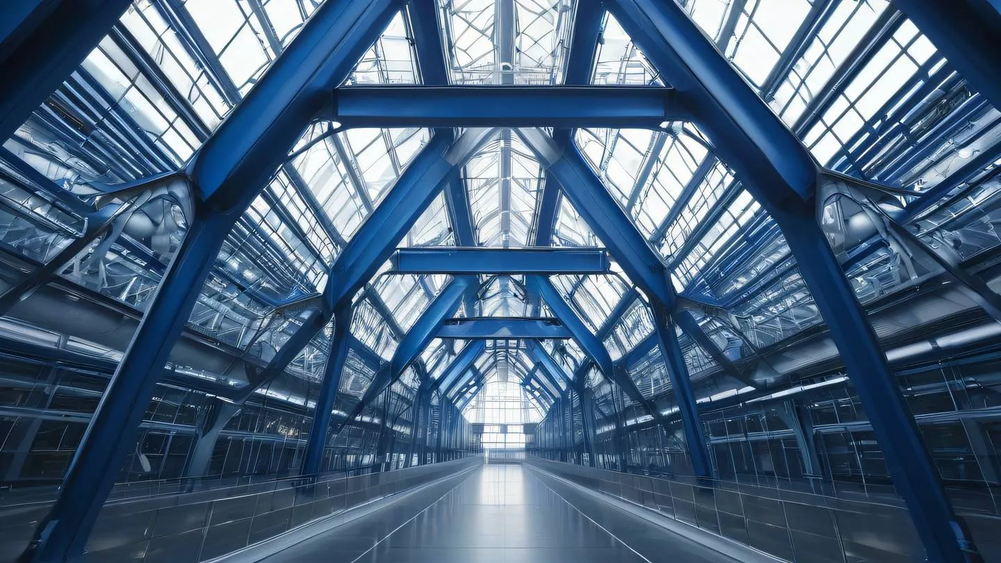 Industrial interior with interconnected geometric metal structures and glass panels dominant colors: bright indigo and metallic white shot from low angle perspective looking up high-quality ultra-realistic cinematic 8K UHD high resolution sharp and detail